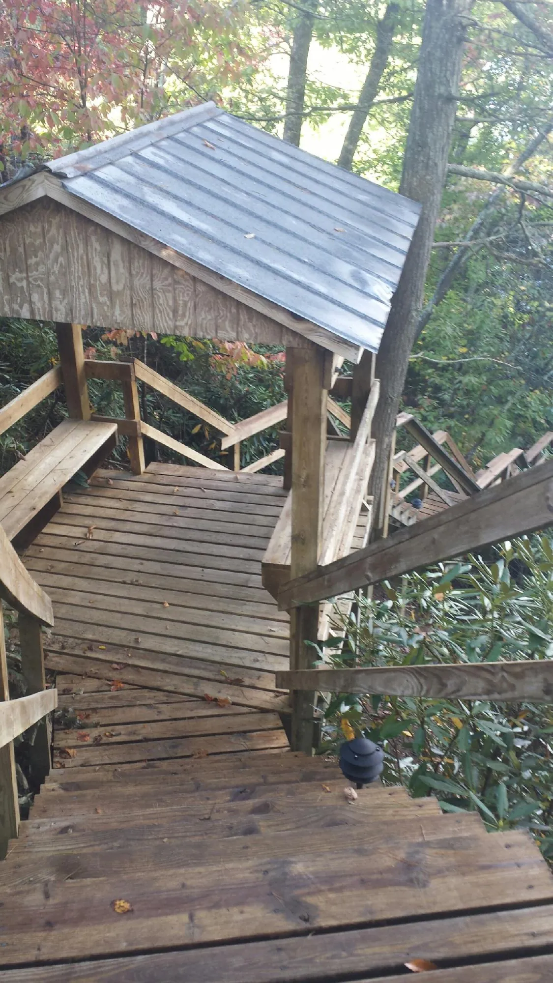 Metal roofed shelter over wooden steps on a wooded walkway — Skylight Repair & Installation work by our crew in Royal Center